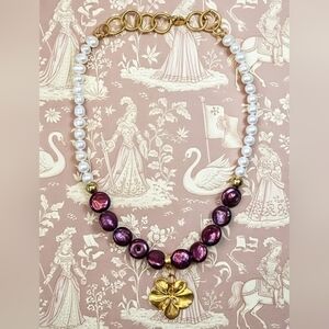 Genuine Wine Red Freshwater Coin Pearls & White Akoya Necklace W/ Orchid Pendant